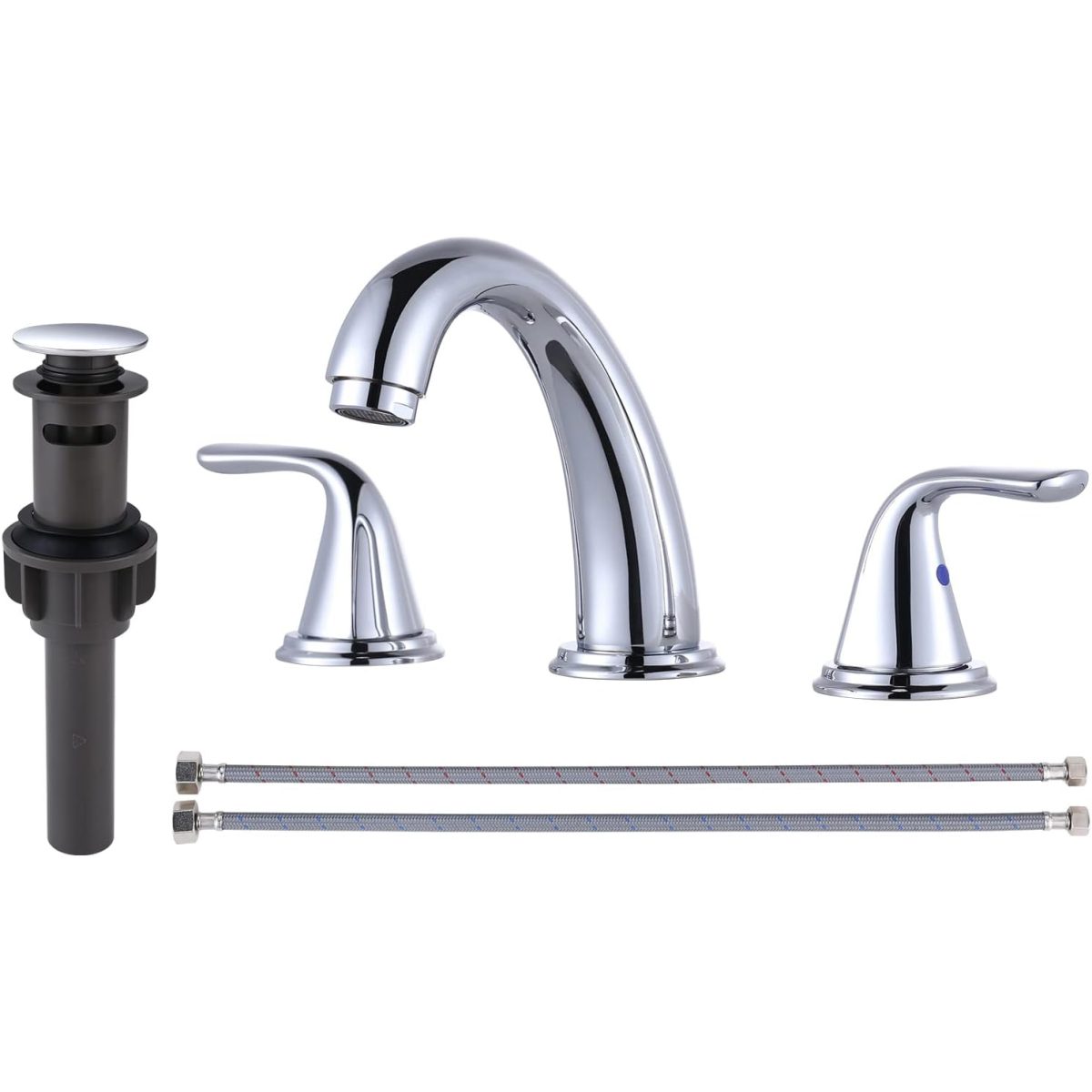 About this item 【High Quality】This widespread bathroom faucet is finished by matte black which has a good performance of anti scratch and rustproof for daily use . The faucet inside has a ceramic valve which can provide a leak free capability . 【Elegant Design】Widespread design can be installed in most of 3 holes deck.The red and blue dots on each handle are distinguished for cold and hot water controls .The faucet also come with a pop up drain as a set 【Quick Installation】For easy installation, we redesign the structure of faucet ,so the clients can install this faucet with just simple steps .Plus , we have all accessories and a well explained guide in the box. 【Premium Material】The faucet is made of zinc and the o ring is brass made . Compared with others materials ,zinc has a better performance of anti scratch . 【Customer Service】30 days free return and 5-years warranty are offered. If you have any questions, please feel free to contact us.