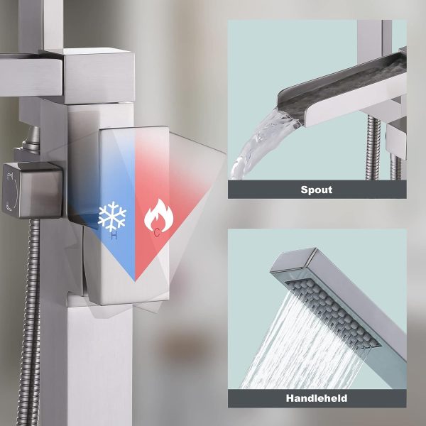 Modern Tub Faucet with 2 Modes of Water Outlet: Aleasha bath tub faucet is suitable for floor-standing installation. It's easier to filling your tub with this brushed nickel bathtub faucet with a high-flow spout,so you can relax after a tiring day. Hand shower with 59" (150 cm) hose is ideal for full body showers, meeting the shower needs of different family members, and can also be used for tub cleaning and pet shower, providing maximum flexibility and movement for your daily use.