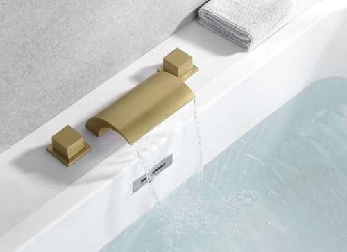 1.Bathtub faucet with high flow tub spout(13.1GPM at 60PSI), it can fill up your bathtub in minutes. California CEC list (1.8GPM 6.8L/MIN only for hand shower) 2.Tub faucet with hand shower and 59 inches hose for rinsing off after bath, also perfectly for bathing children or pets. The brass hand shower with inclined angle helps to prevent the wet damage to your wooden floor which caused by the dropping water from hand shower. 3.Tub faucet with diverter at the back of waterfall spout, simply pull the button up and down at the back of spout to change the water flow to hand shower or spout. 4.Roman tub faucet with brushed gold finish adds a luxury, high-class and modern look to your bathroom. 5.Deck mount tub faucet with solid brass faucet body and valve, lead-free brass construction. Ceramic disc cartridge ensures durable leak free performance for a life time.