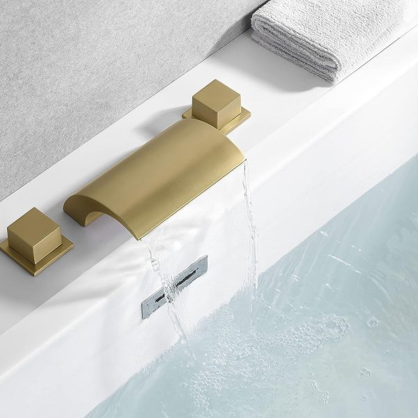 1.Bathtub faucet with high flow tub spout(13.1GPM at 60PSI), it can fill up your bathtub in minutes. California CEC list (1.8GPM 6.8L/MIN only for hand shower) 2.Tub faucet with hand shower and 59 inches hose for rinsing off after bath, also perfectly for bathing children or pets. The brass hand shower with inclined angle helps to prevent the wet damage to your wooden floor which caused by the dropping water from hand shower. 3.Tub faucet with diverter at the back of waterfall spout, simply pull the button up and down at the back of spout to change the water flow to hand shower or spout. 4.Roman tub faucet with brushed gold finish adds a luxury, high-class and modern look to your bathroom. 5.Deck mount tub faucet with solid brass faucet body and valve, lead-free brass construction. Ceramic disc cartridge ensures durable leak free performance for a life time.
