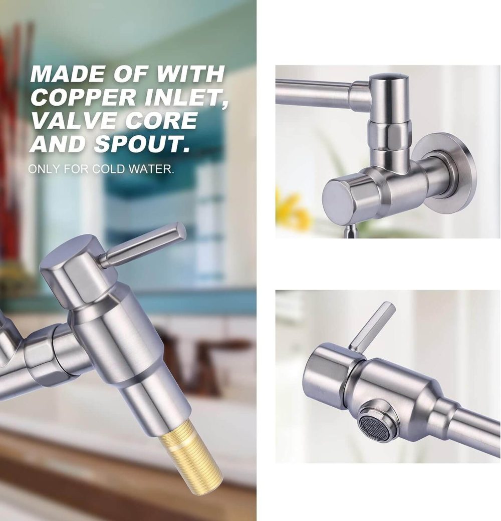 Pot Filler Faucet Brushed Nickel – Solid Brass Wall Mount With Double-Joint Swing Arms, 360° Rotation, 2 Handles, Single Hole For Kitchen & Restaurant