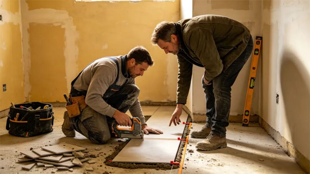 Construction workers collaborating on home renovation tasks including plumbing, tiling, and woodworking