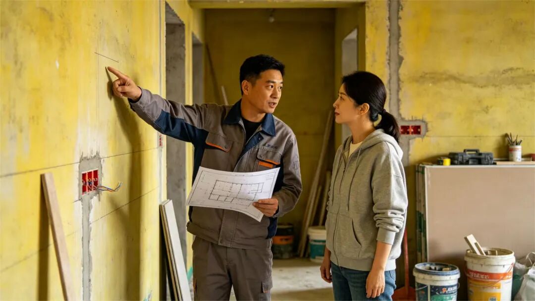 Skilled home renovation workers including plumber electrician mason carpenter and painter on construction site
