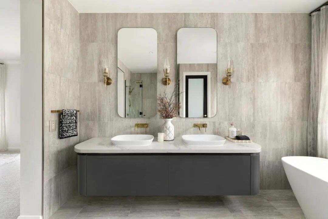 Modern healing bathroom design with serene minimalist aesthetic showcasing 2026 wellness-inspired interior trends