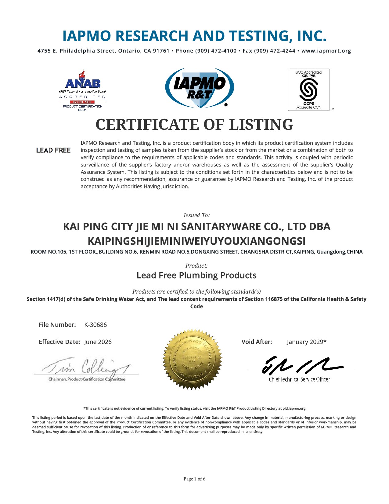 ALEASHA NSF/ANSI 372 Lead-Free Certificate